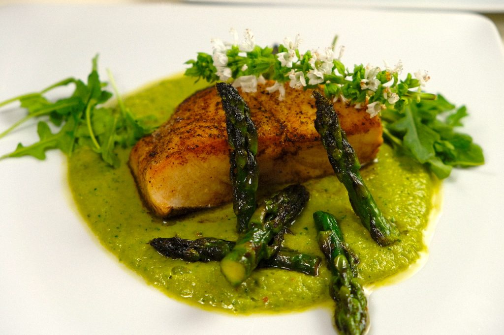 Seared Halibut with Asparagus & Spring Peas Puree