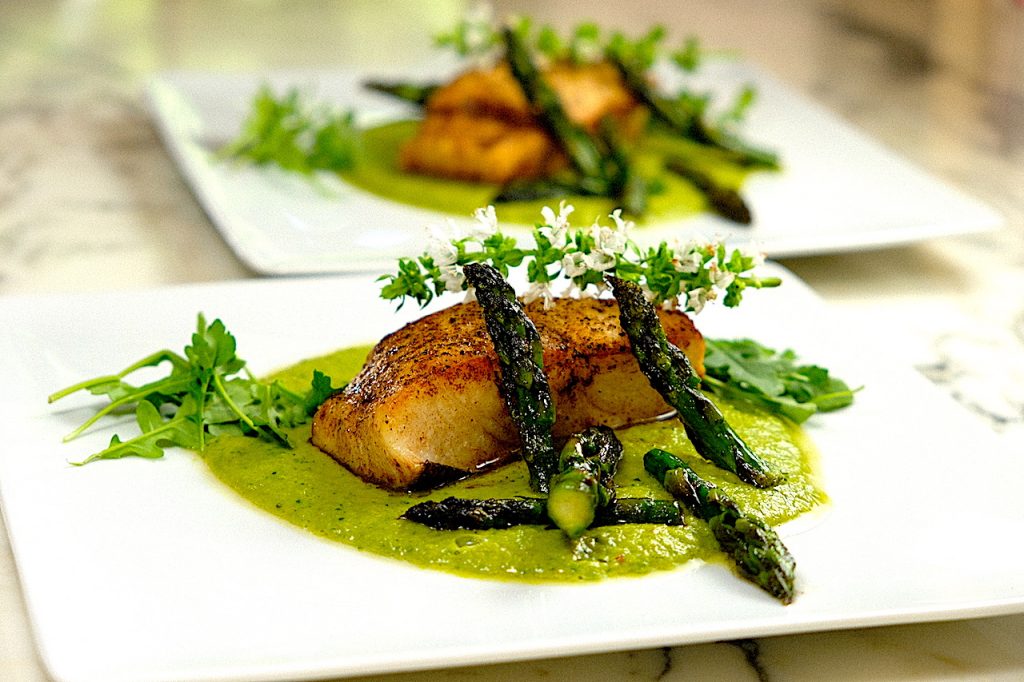 Seared Halibut with Asparagus & Spring Peas Puree