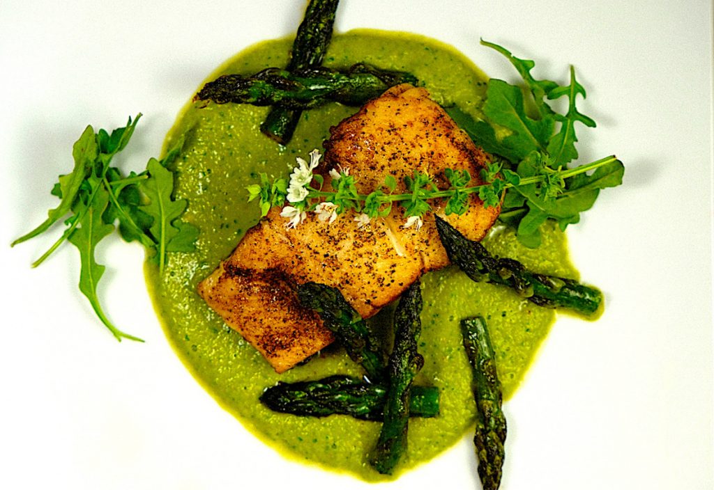 Seared Halibut with Asparagus & Spring Peas Puree