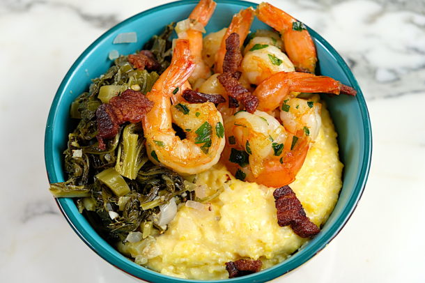 Shrimp, Grits and Mustard Greens