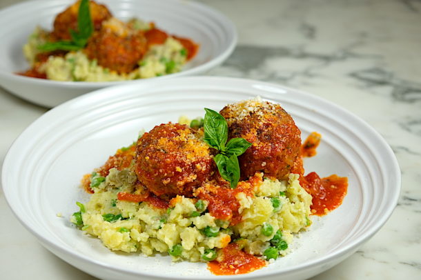 Meatballs with Green Pea Smashed Potatoes