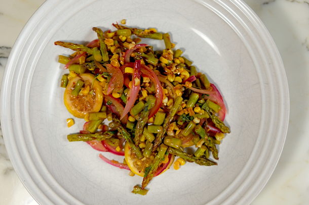 Seared Salmon with Sautéed Asparagus and Corn