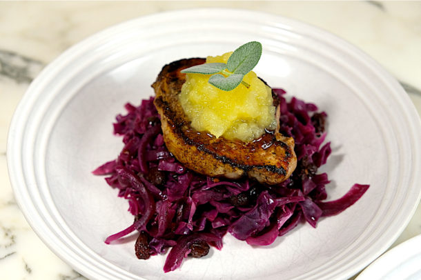 pork chops with braised red cabbage