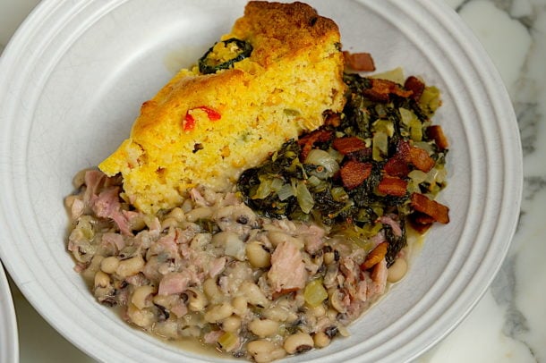 Black eyed peas, cornbread, mustard greens